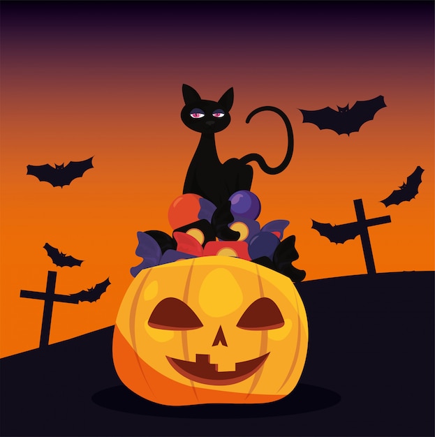 Vetor abóbora com gato preto em cena de halloween