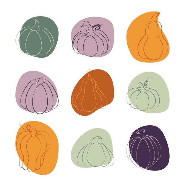 Abóbora de diferentes formas em um fundo de manchas coloridas. Elementos de ação de Graças e Halloween.