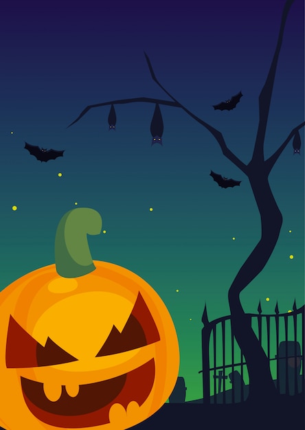 Abóbora de halloween com cara de medo na cena do cemitério
