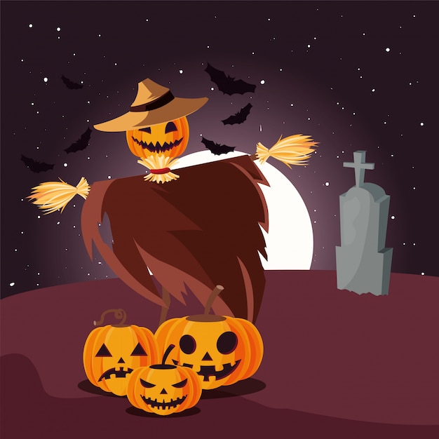 Abóbora de halloween com chapéu de bruxa na cena do cemitério
