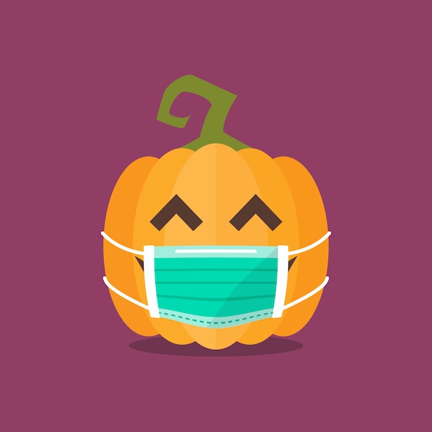 Abóbora de halloween com máscara médica. emoticons engraçados dos desenhos animados. conceito de coronavírus