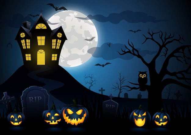 Abóbora de Halloween e casa assustadora