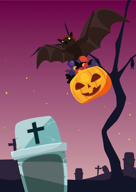 Abóbora de halloween e morcego voador na cena do cemitério