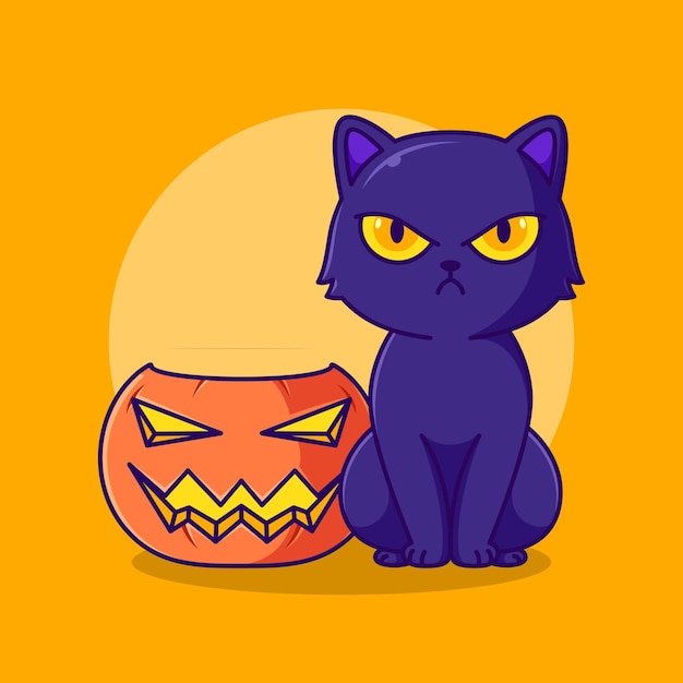 Abóbora de halloween fofa e ilustração de ícone de desenho animado de gato preto com raiva