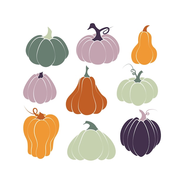Abóbora de várias formas e cores. Elementos de ação de Graças e Halloween.