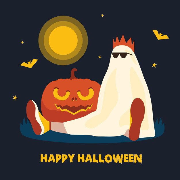 Abóbora e fantasma halloween em estilo design plano