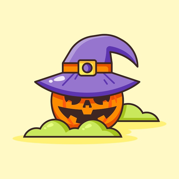Abóbora fofa halloween usando chapéu de bruxa.