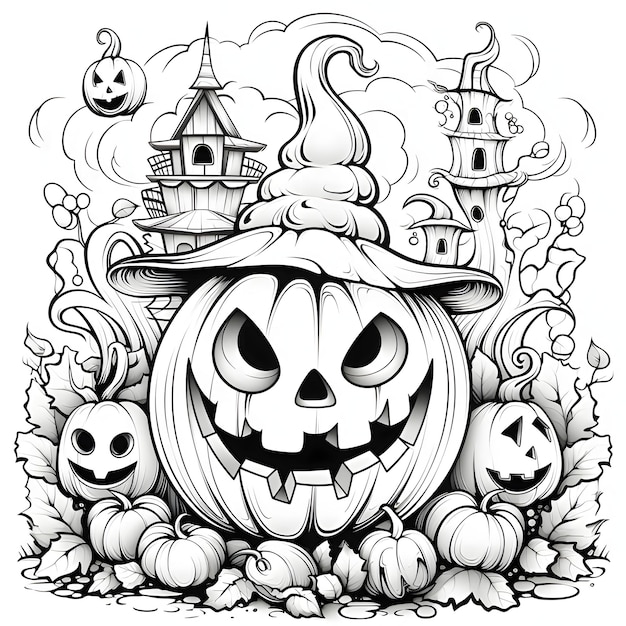 Vetor abóbora jackolantern com um chapéu ao lado, pequenas abóboras no fundo, casas de halloween, livro de colorir em preto e branco