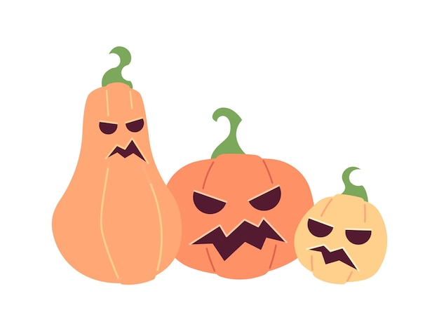 Vetor abóboras de halloween com rostos assustadores esculpidos semi plano cor vetor objeto jackolanterns feriado editável ícone de clip art de desenho animado em fundo branco ilustração de ponto simples para web design gráfico