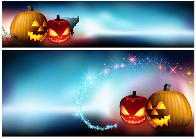 Abóboras de Halloween e um nevoeiro assustador como banner colorido e plano de fundo