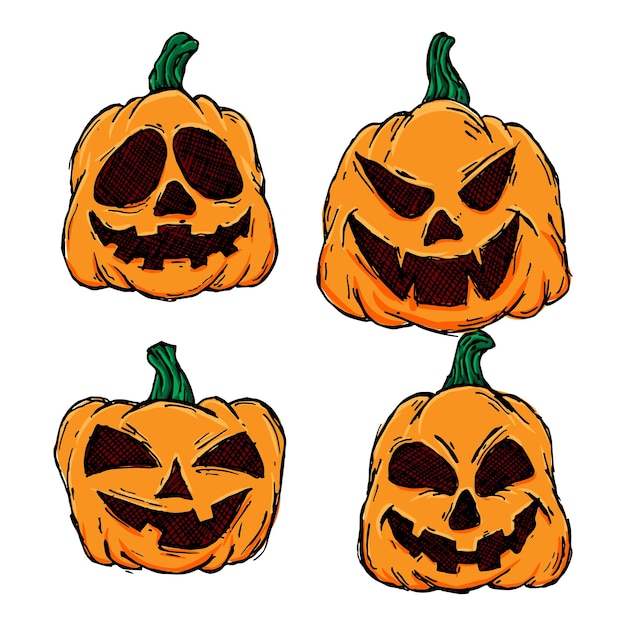 Abóboras de Halloween em vetor com conjunto de ícones de rosto diferente. ilustração colorida de mão desenhada.