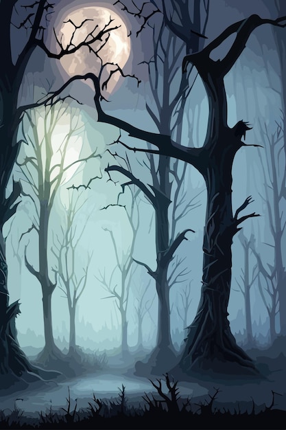 Abóboras de Halloween na ilustração vetorial da floresta escura e assustadora para o Halloween