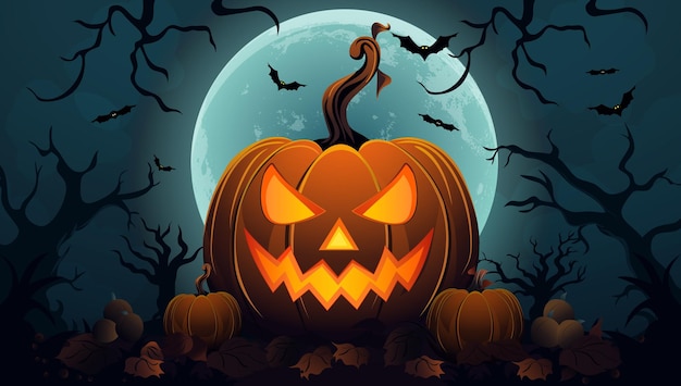 abóboras de halloween no escuro com morcegos e morcegos no fundo