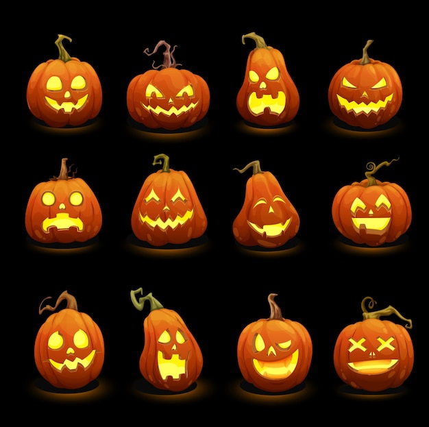 Abóboras de halloween rostos brilhando na escuridão