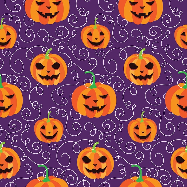 Abóboras laranja brilhantes com fundo violeta padrão sem emenda de halloween vetorial