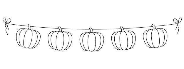 Abóboras penduradas em uma corda elemento de decoração de banner da temporada de outono guirlanda festiva sazonal ilustração vetorial de linha preta