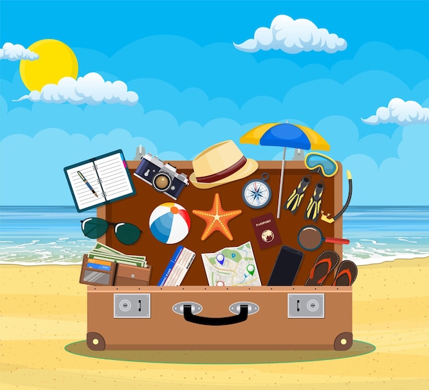 Abra a bagagem, bagagem, malas com ícones de viagens e objetos na praia