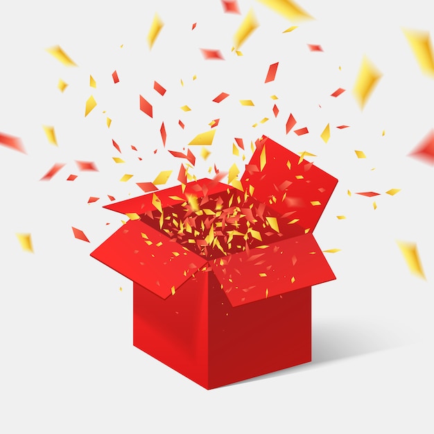 Abra a caixa de presente vermelha e confetes. ilustração.