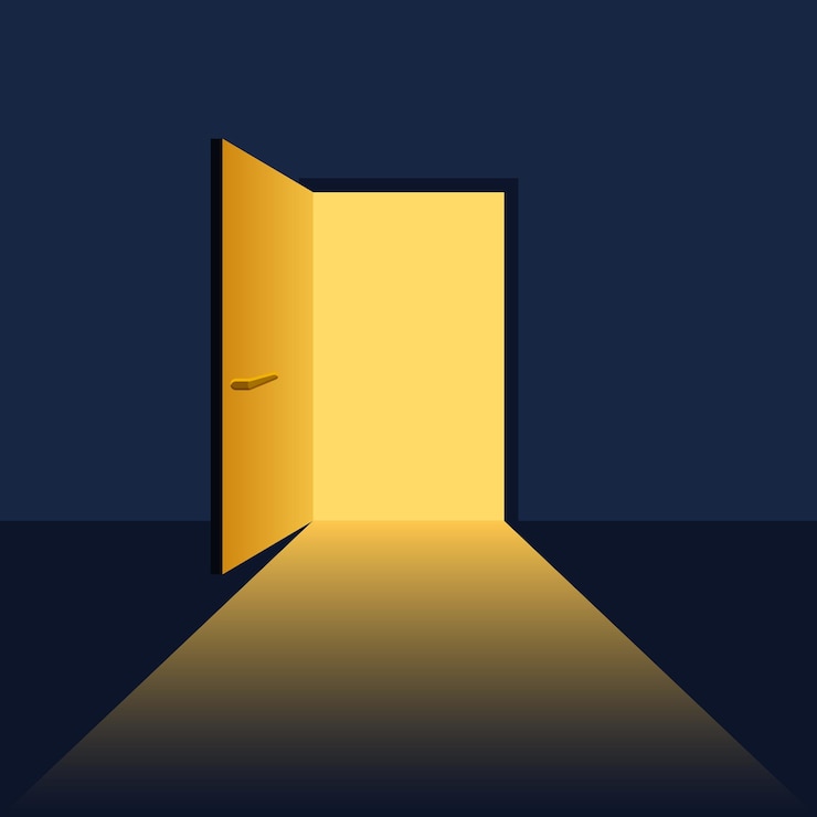 Vetor abra a porta com ícone de luz em estilo plano ilustração vetorial de sala escura em fundo isolado conceito de negócio de sinal de entrada da porta