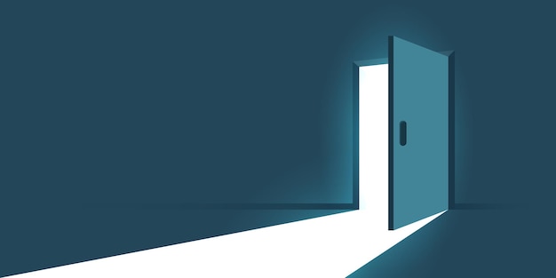 Abra a porta com ícone de luz em estilo plano Ilustração vetorial de sala escura em fundo isolado Conceito de negócio de sinal de entrada da porta