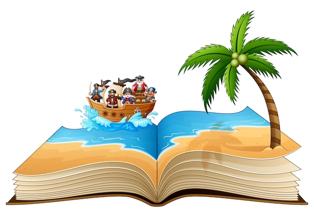 Abra o livro com o grupo de pirata na praia