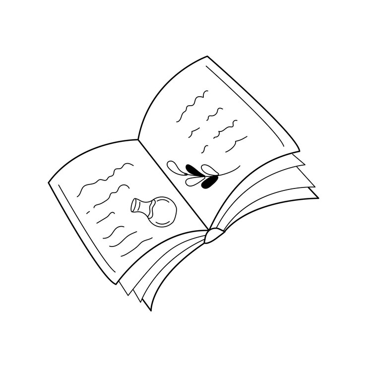 Vetor abra o livro de magia antigo com ilustração e texto linha preta livro rabiscado com capa livro aberto com