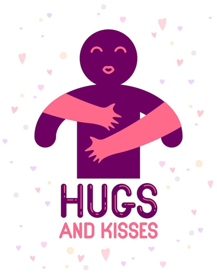 Vetor abraços e beijos com as mãos amorosas da pessoa amada e beijando os lábios, amante abraçando seu homem e compartilhando amor, logotipo do ícone vetorial ou ilustração em estilo simbólico simplista.