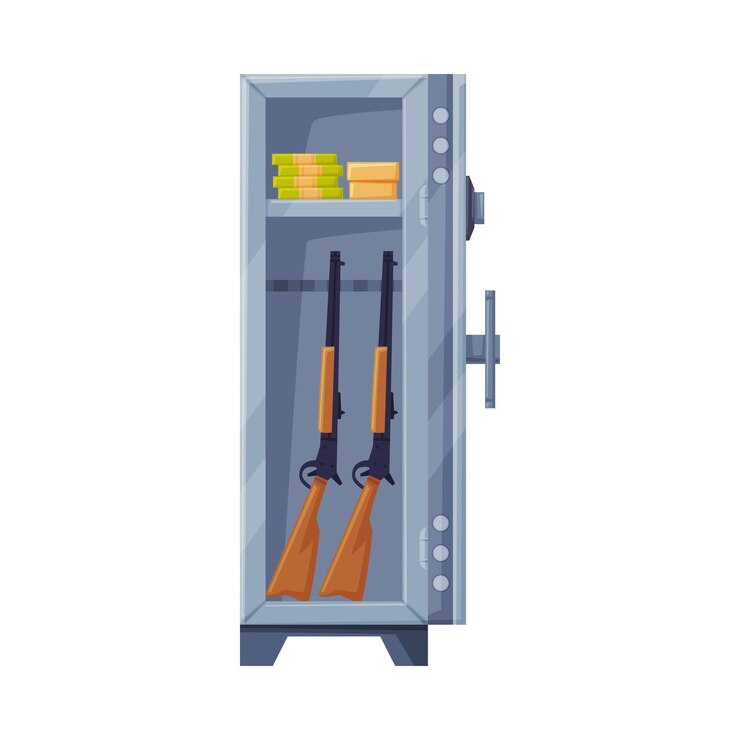 Vetor abrir cofre de metal ou caixa forte com notas e rifles ilustração vetorial