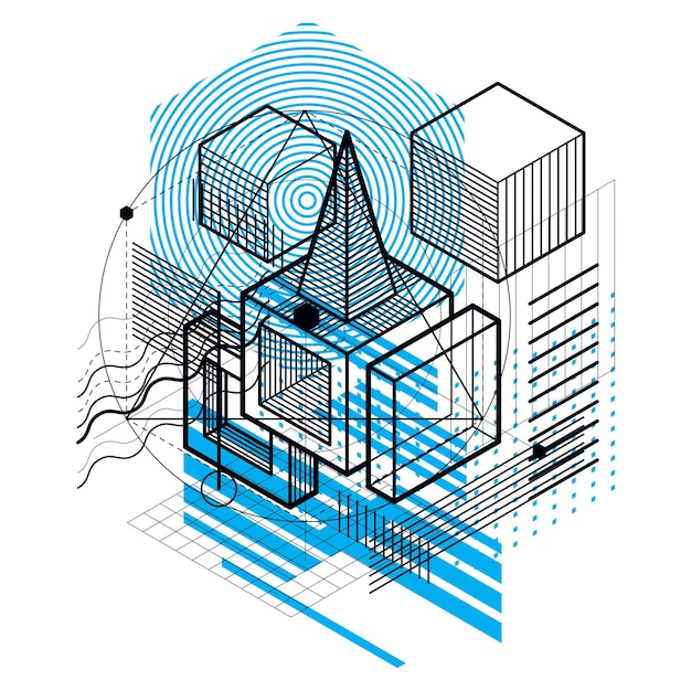 Vetor abstração isométrica com linhas e elementos diferentes, fundo abstrato vetorial. composição de cubos, hexágonos, quadrados, retângulos e diferentes elementos abstratos.