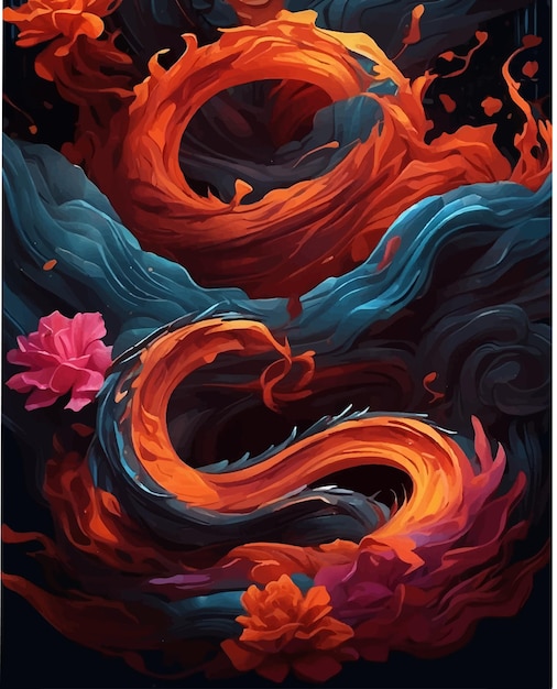 Vetor abstract cauda de dragão de fogo em um fundo azul escuro com flores