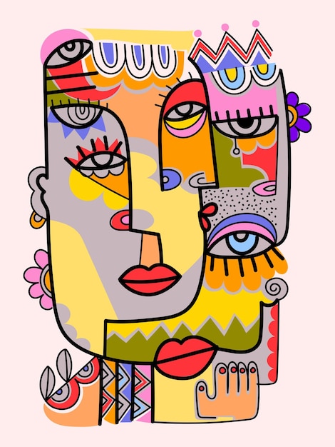 Vetor abstract face pessoas retrato geométrico doodle linha arte vetor ilustração arte design de impressão