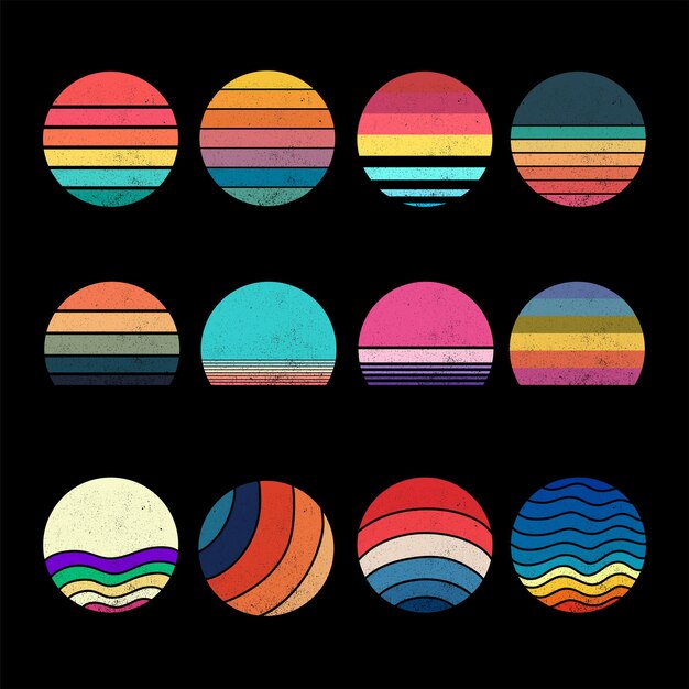 Vetor abstract sunset retro 80 estilo conjunto coleção