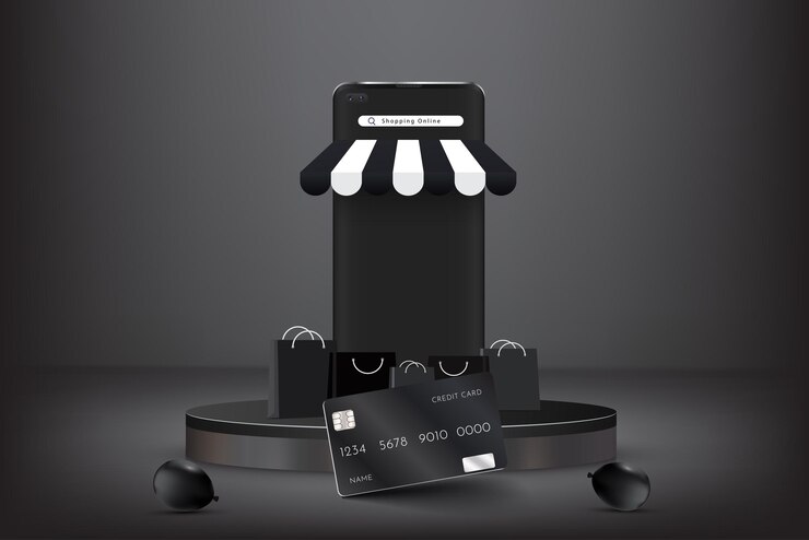 Vetor abstracto 3d pódio de palco geométrico preto com saco de compras de cartão de crédito de smartphone