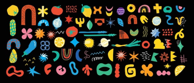 Abstracto Elementos gráficos definidos em estilo minimalista de moda Pontos de rabiscos desenhados à mão gotas curvas linhas