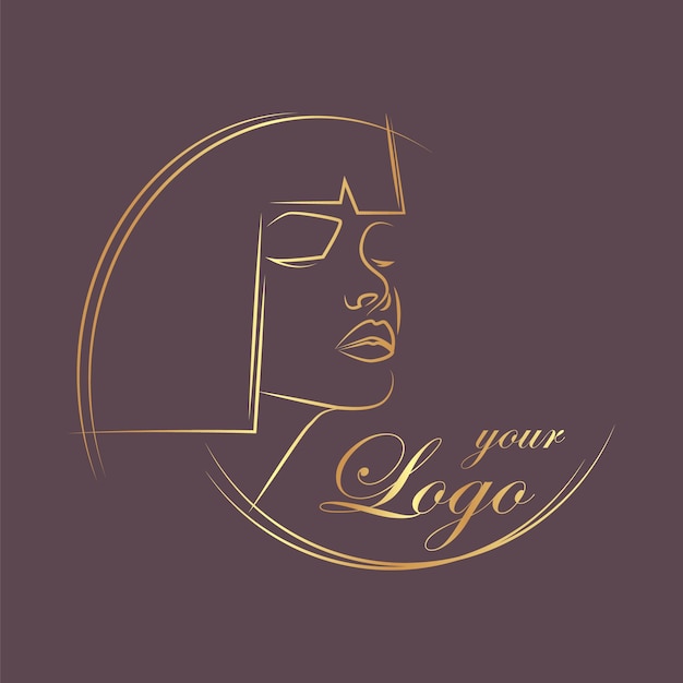 Vetor abstracto minimalista rosto desenho de uma linha retrato de bela mulher logotipo de moda dourado