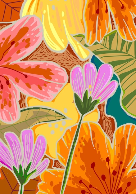 Abstracto padrão floral flores e folhas formas desenhadas à mão ilustração vetorial design de fundo