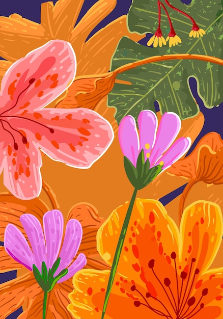 Abstracto padrão floral flores e folhas formas desenhadas à mão ilustração vetorial design de fundo
