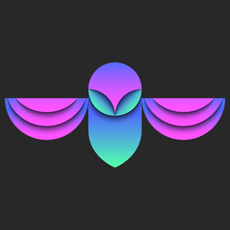 Vetor abstracto pássaro coruja logotipo corte de papel design pássaro artificial com asas estendidas vista frontal forma geométrica mínima conceito símbolo de conhecimento com áreas sobrepostas camadas gradiente brilhante e sombras