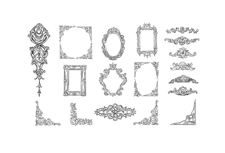 Vetor abstracto vetorial desenhado à mão contorno gráfico linha vintage ornamento barroco bordas florais colocadas em
