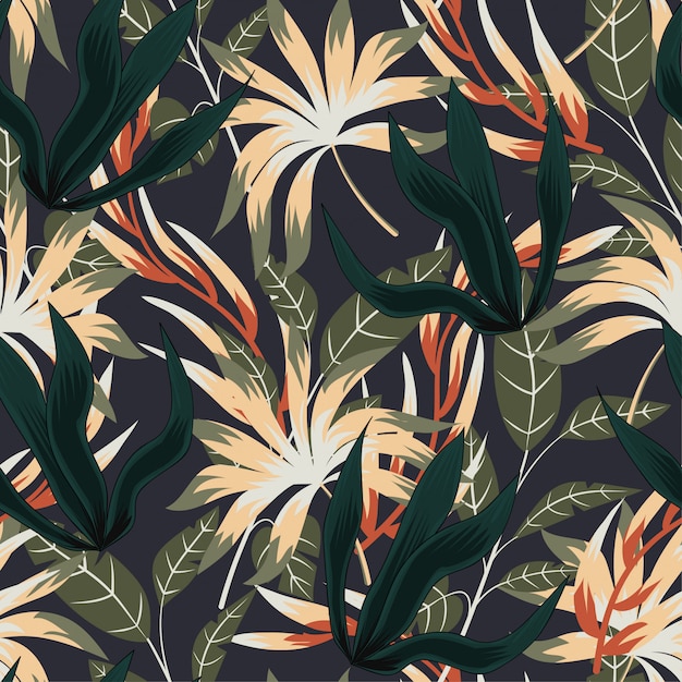 Abstrata sem costura padrão com folhas tropicais coloridas e plantas em fundo cinza