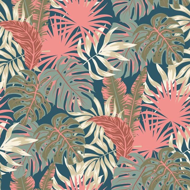 Abstrata sem costura padrão com plantas tropicais e folhas em um fundo escuro Vector background