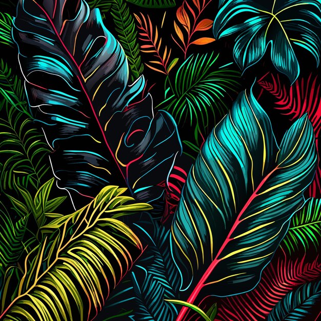 Vetor abstrata sem costura padrão tropical com plantas brilhantes e folhas em um fundo preto