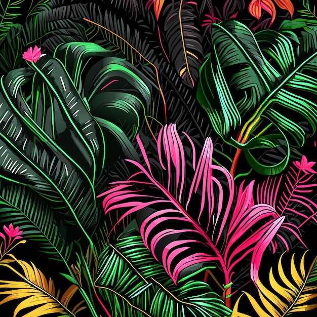 Abstrata sem costura padrão tropical com plantas brilhantes e folhas em um fundo preto
