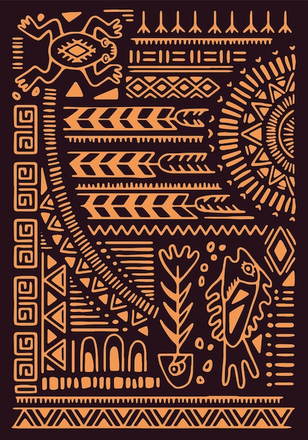 Vetor abstrato cartaz de fundo asteca tradicional maya impressão padrão africano cherokee símbolos dourados elementos tribais no tapete ornamento étnico arte de parede em estilo antigo ilustração vetorial plana