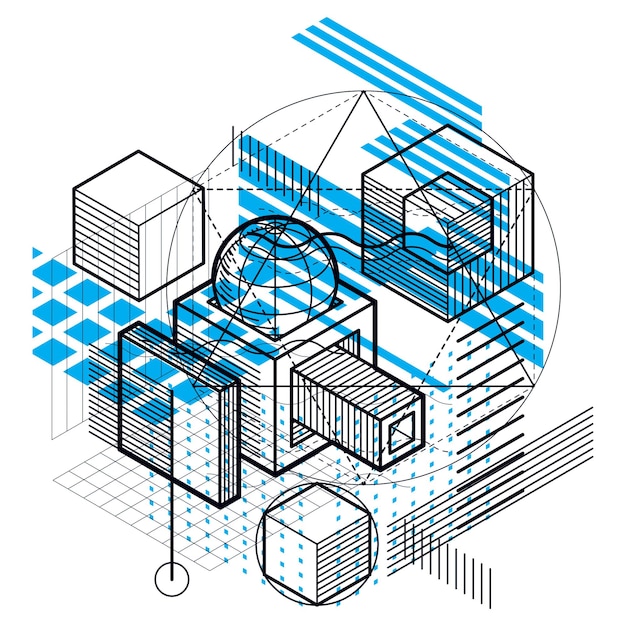 Abstrato com elementos isométricos, arte linear vetorial com linhas e formas. cubos, hexágonos, quadrados, retângulos e diferentes elementos abstratos.