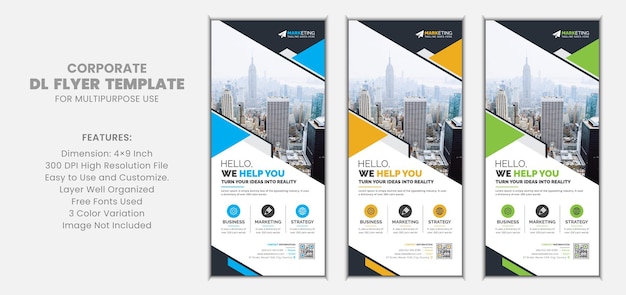 Abstrato corporate business dl flyer rack card template vector com azul amarelo verde