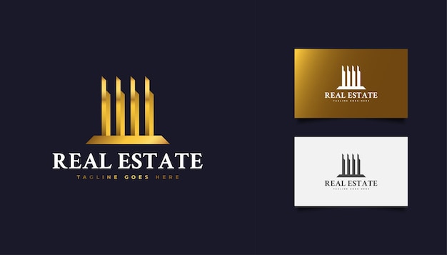 Abstrato design de logotipo imobiliário em gradiente de ouro. Construção, Arquitetura, Edifício ou Logotipo da Casa