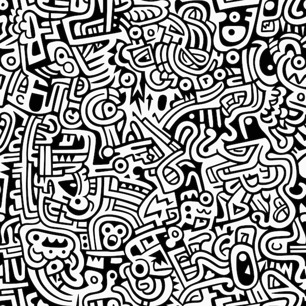 Abstrato doodle graffiti fundo sem costura padrão preto e branco