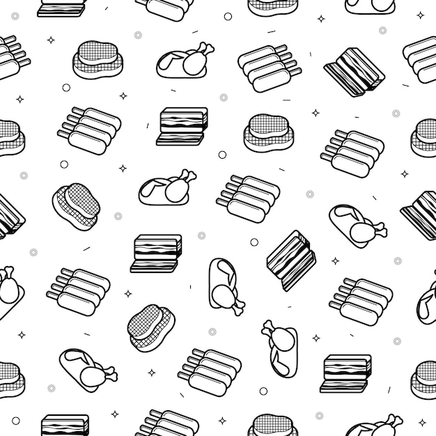 Abstrato doodle padrão sem emenda, mão desenhada carne açougueiro elementos de comida. plano de fundo do desenho vetorial