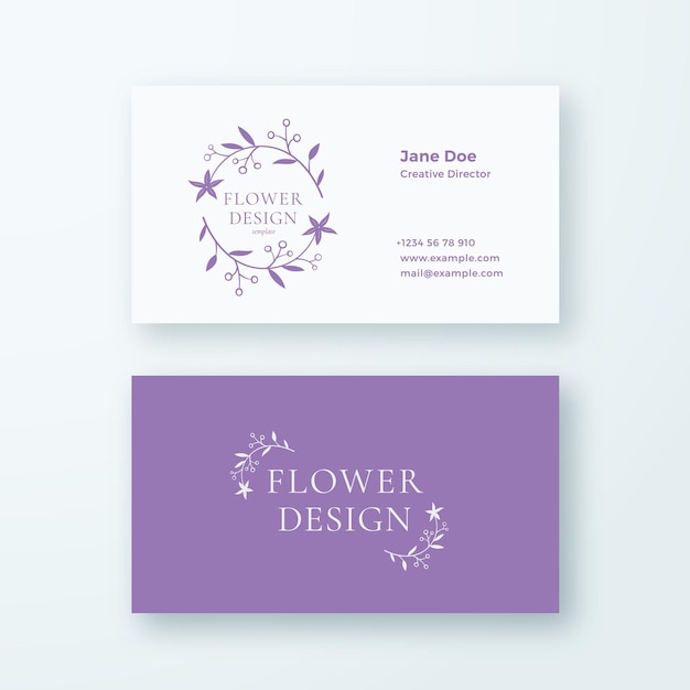 Abstrato feminino flor ramo sinal ou logotipo e modelo de cartão de visita Premium estacionário realista Mock Up tipografia moderna e sombras suaves bom para negócios de casamento boutique de flores